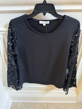 NWT Anthropologie Black Lace-Sleeve Women's Top